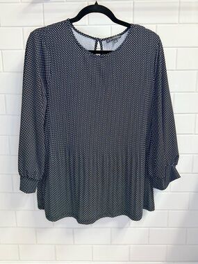 Adrianna Papell Navy White Polka Dot Swing Top XL Flowy Stretch EUC